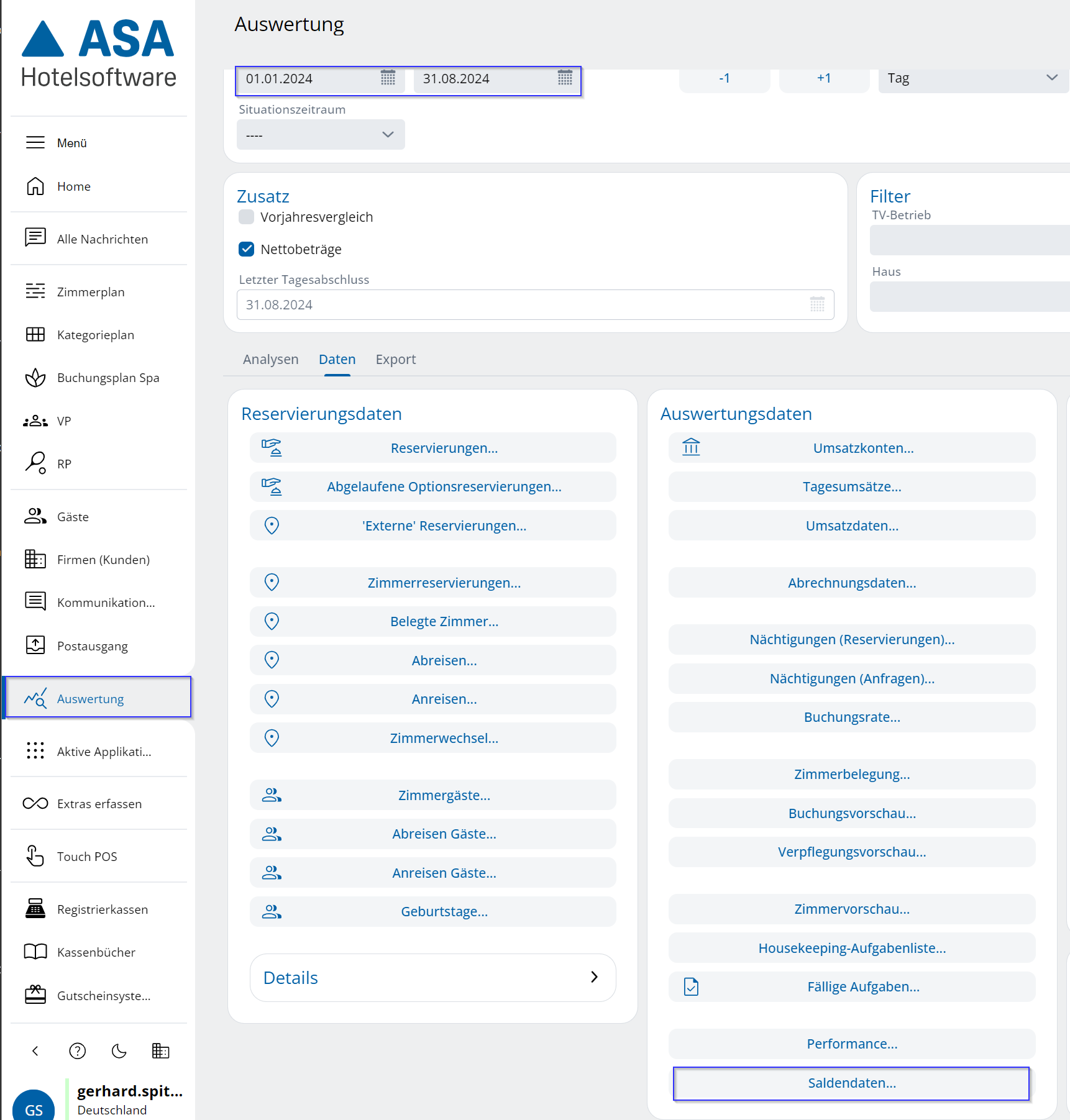 I dati di saldo si trovano in Statistiche » Dati » Dati di saldo