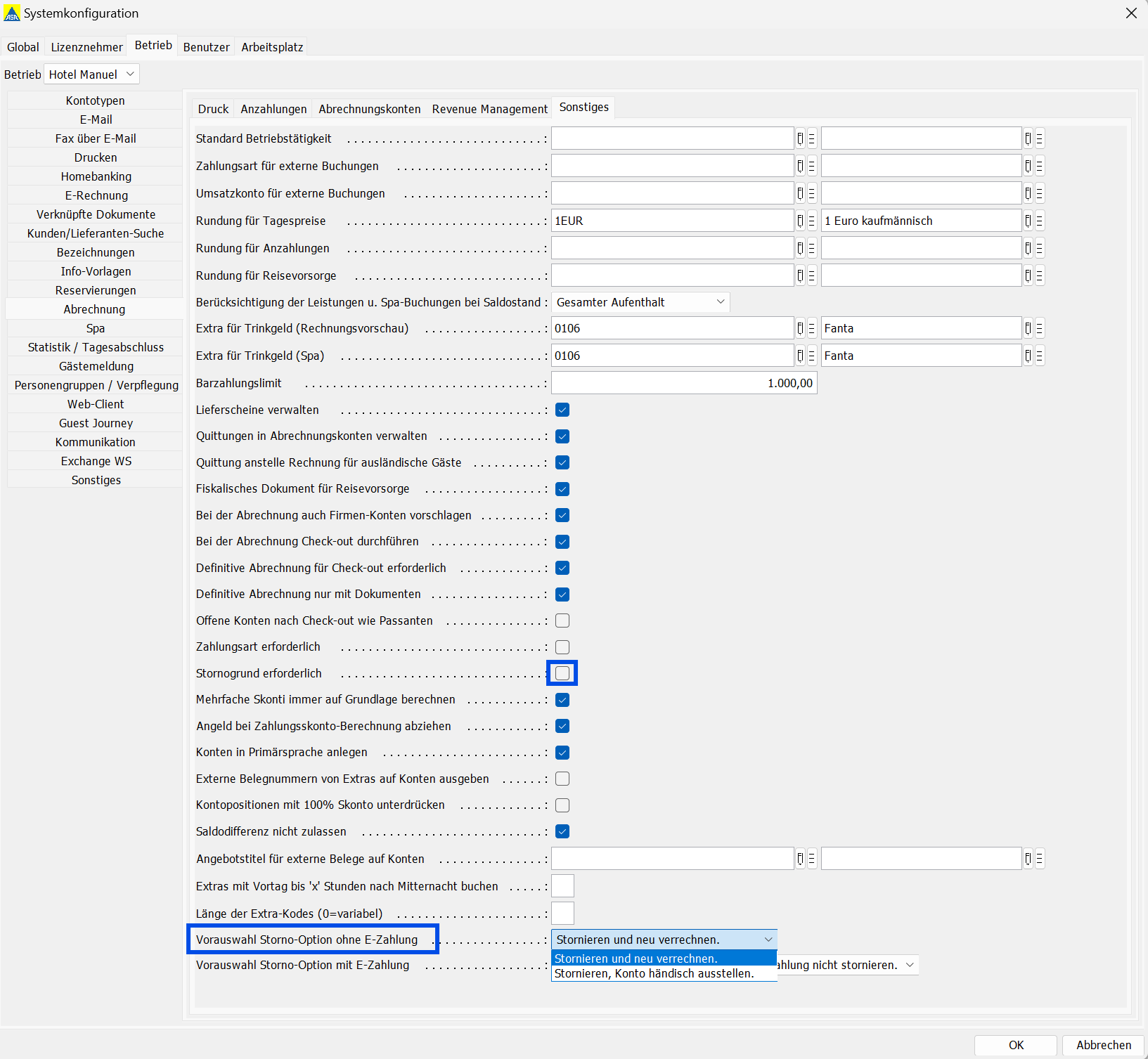 Opzione predefinita storno senza pagamento el.