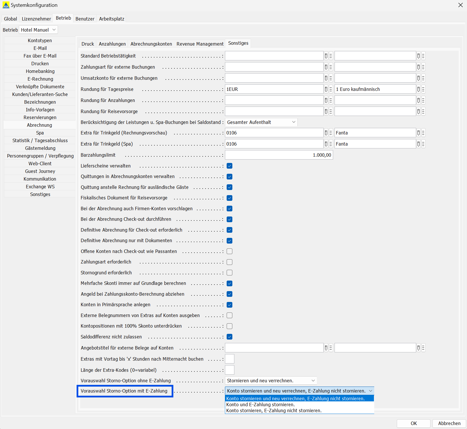Opzione predefinita storno con pagamento el.