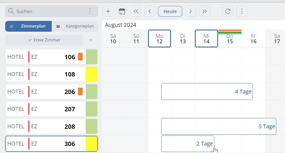 In questo esempio, sono state prenotate tre camere, due delle quali sono vicine nel Qquadro prenotazioni