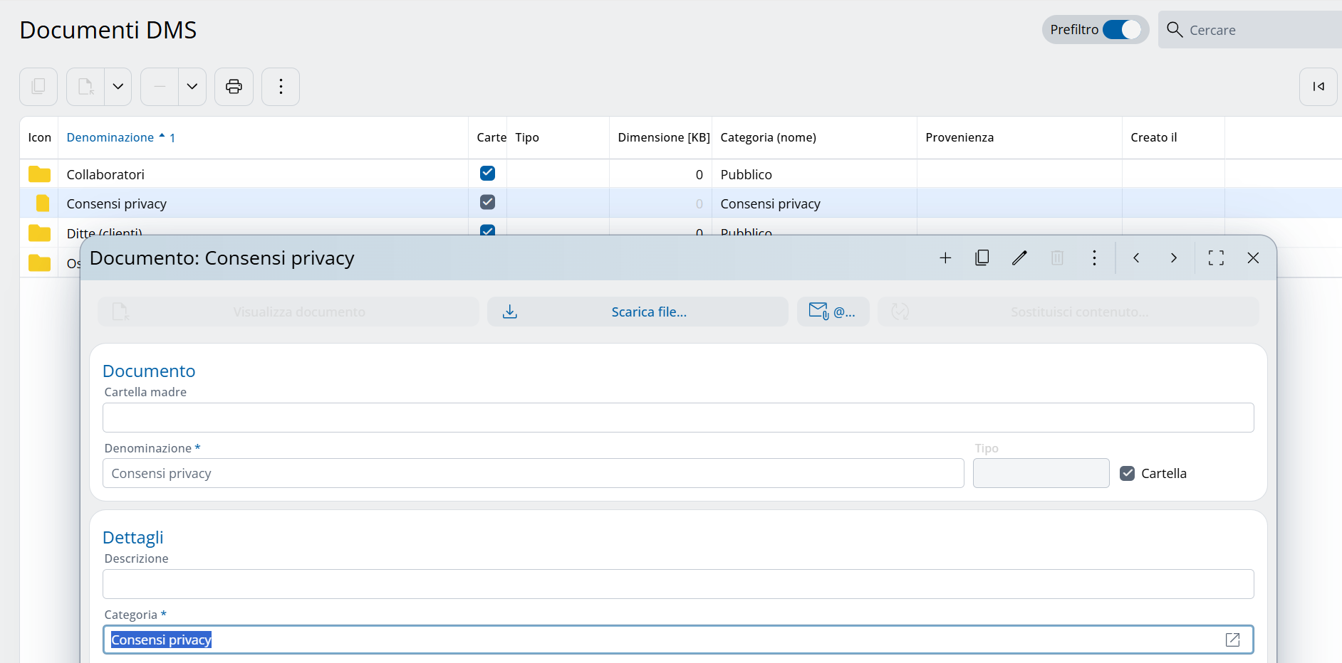 Modifica della categoria di una cartella DMS