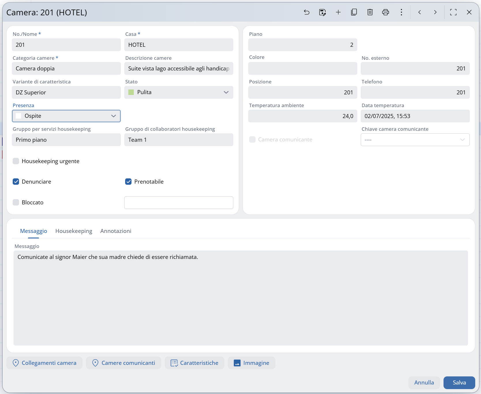 Schermata dei dati della camera