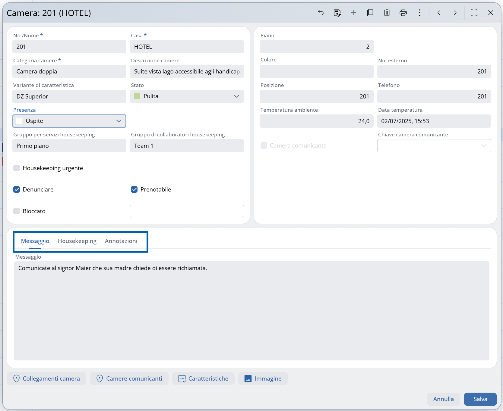 Gestione di messaggi, note e annotazioni nella camera