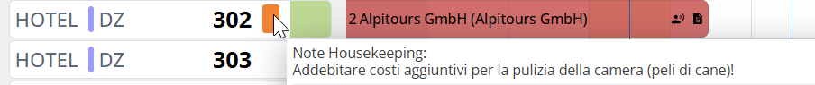 Le note memorizzate vengono visualizzate come tooltip nel Quadro prenotazioni, non appena passi il mouse sulla bandiera arancione