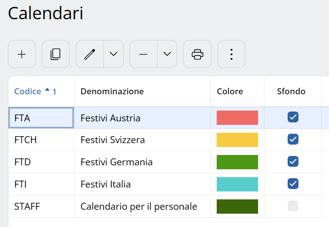 Tabella del calendario