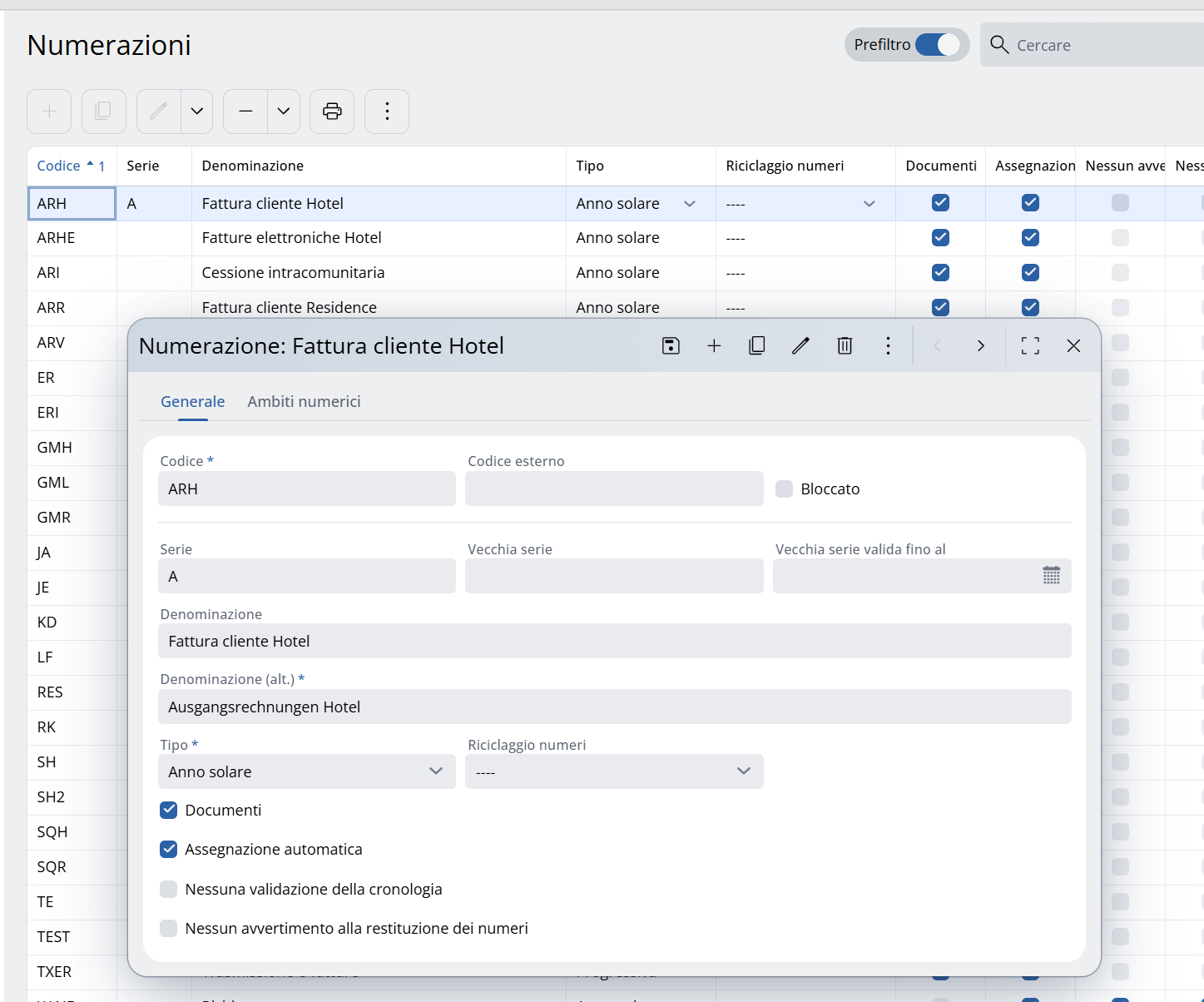 Si può gestire i vari ambiti numerici in Generale » Altre preimpostazioni » Numerazioni.