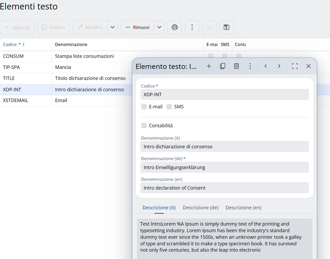 Dati degli elementi di testo