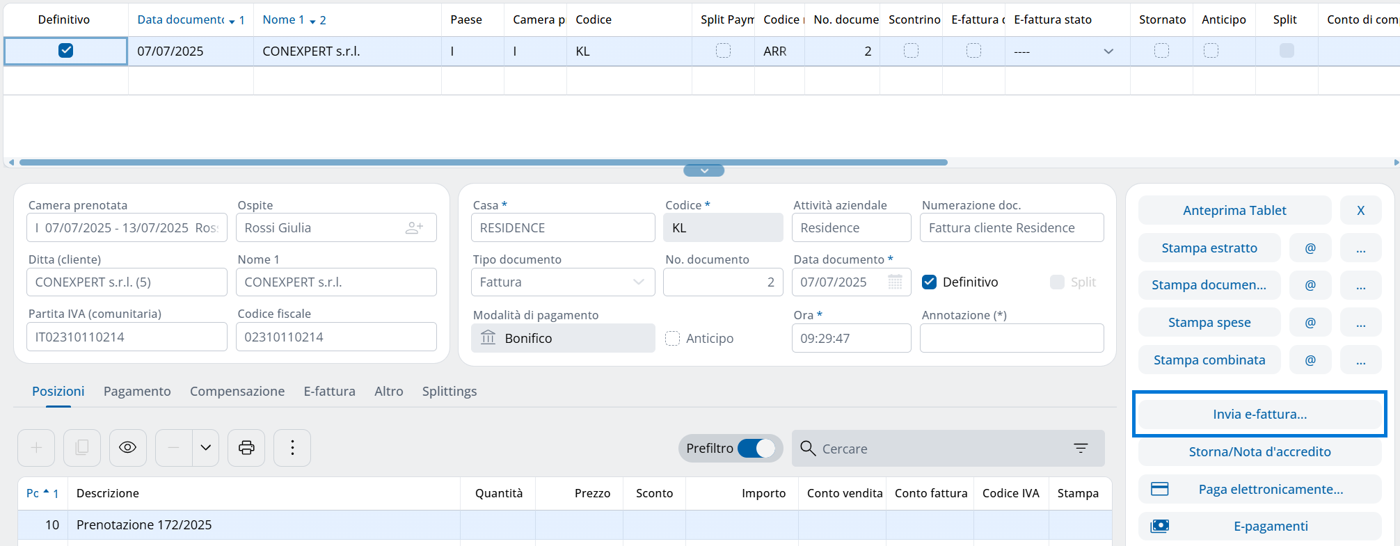 Visualizzazione del conto fatturazione, bottone "Invia e-fattura..."