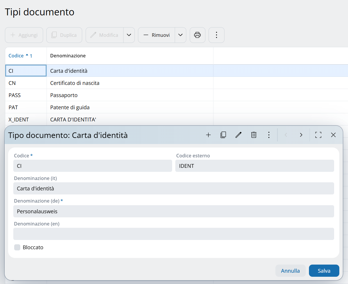 Tabella tipi documento