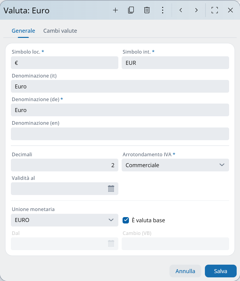 Impostazione generale valute