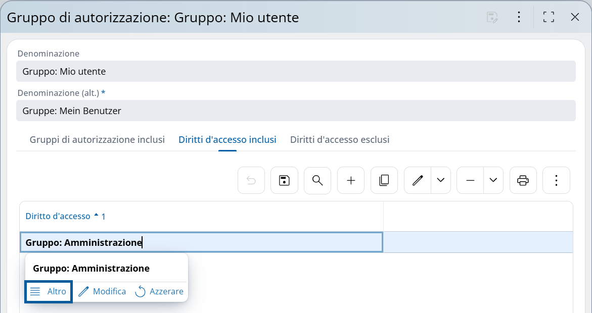 Schermata dei gruppi di autorizzazione