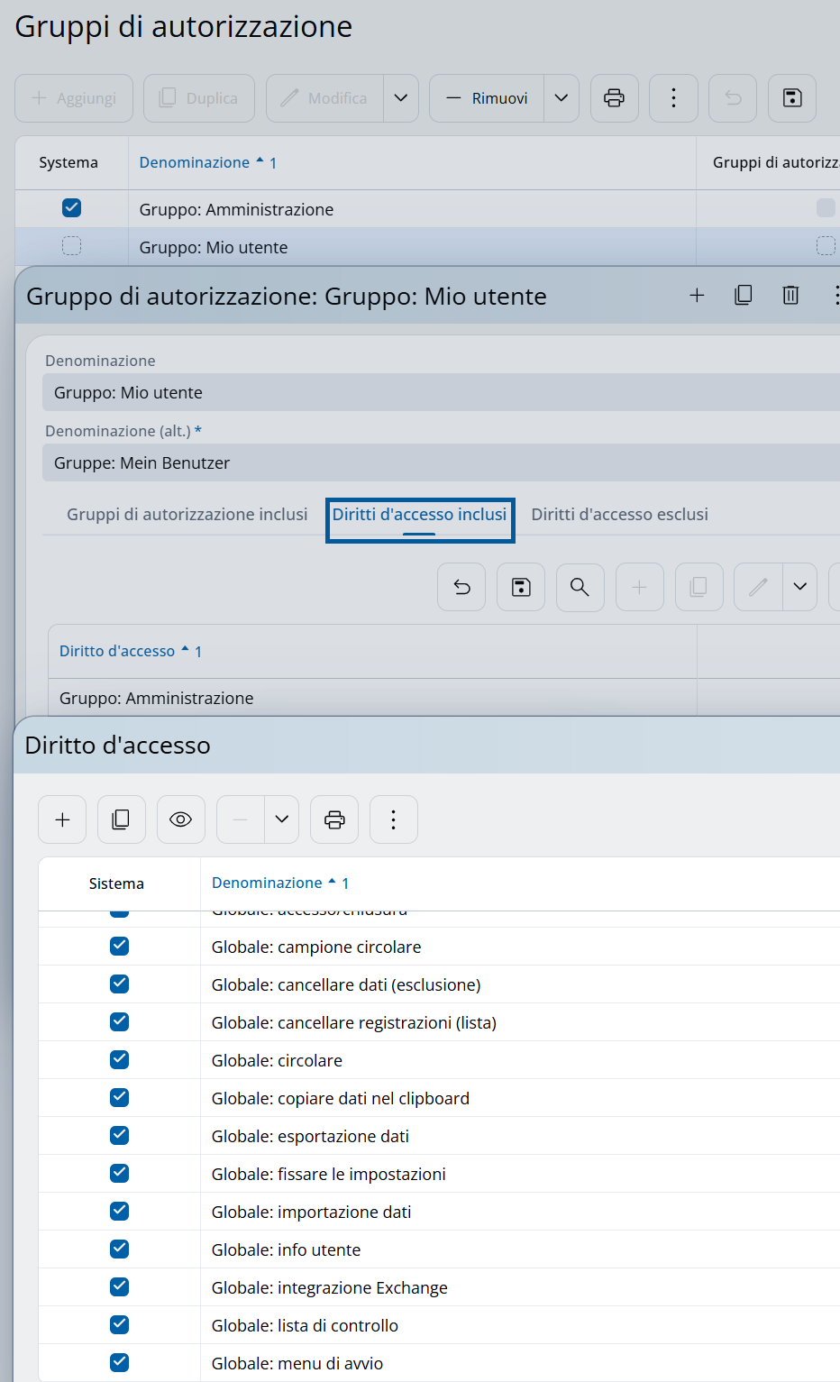 Schermata dei diritti d'accesso