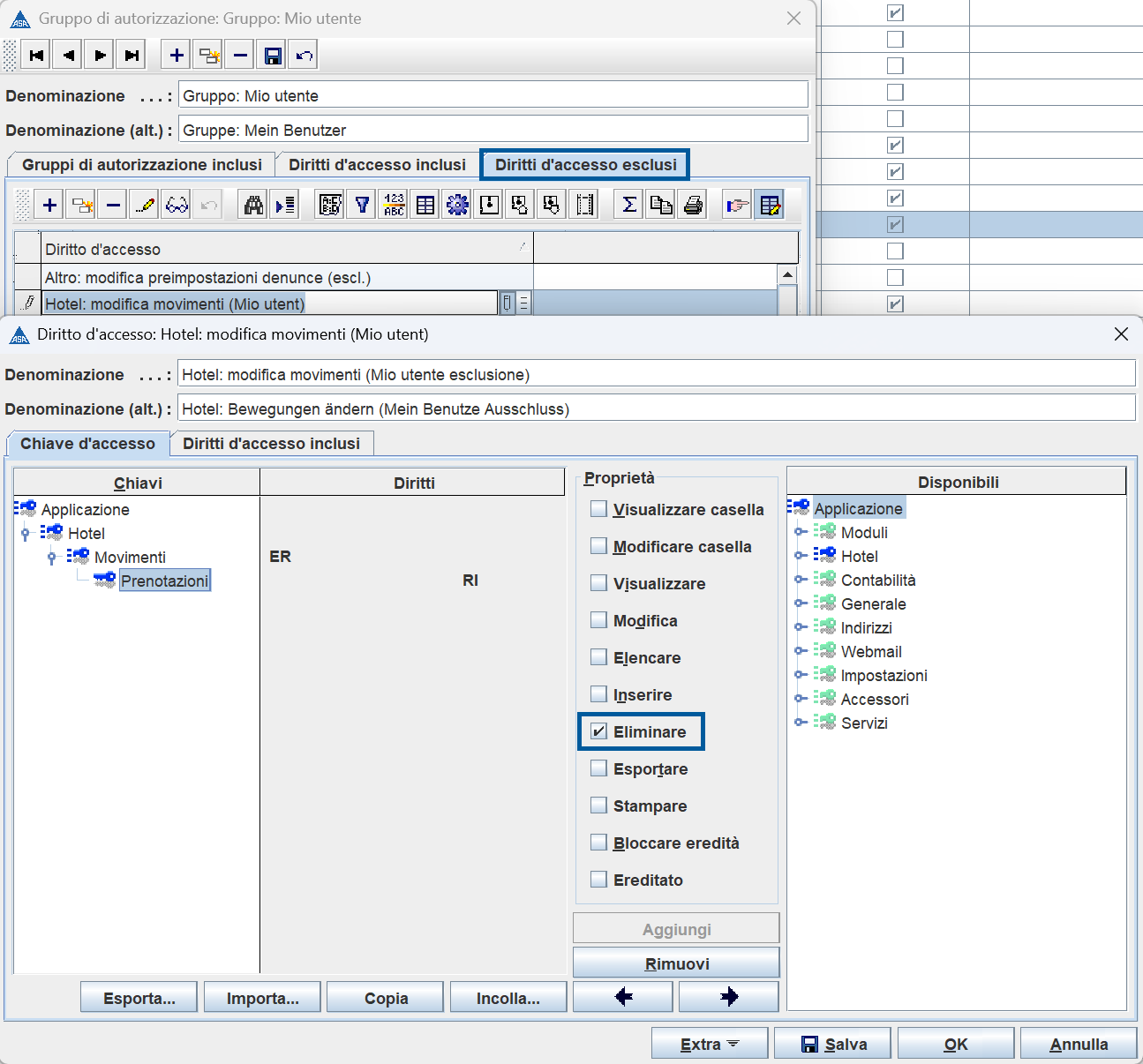 Schermata modifica diritto d'accesso esclusi