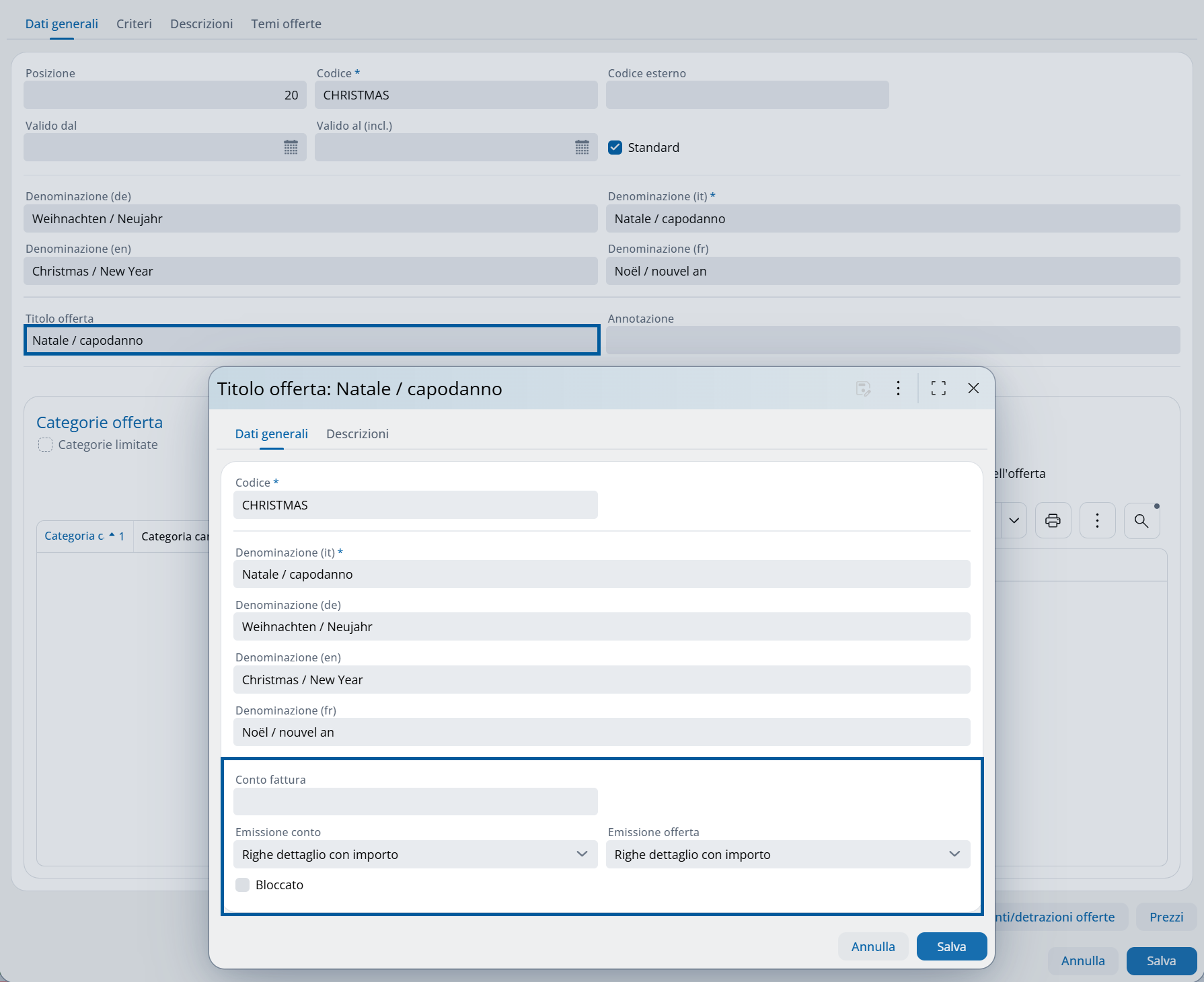 Schermata modifica titolo offerta