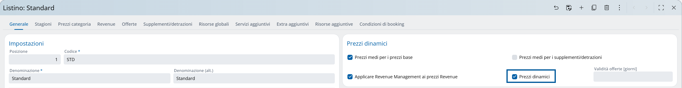 Attivazione prezzi dinamici, listino prezzi