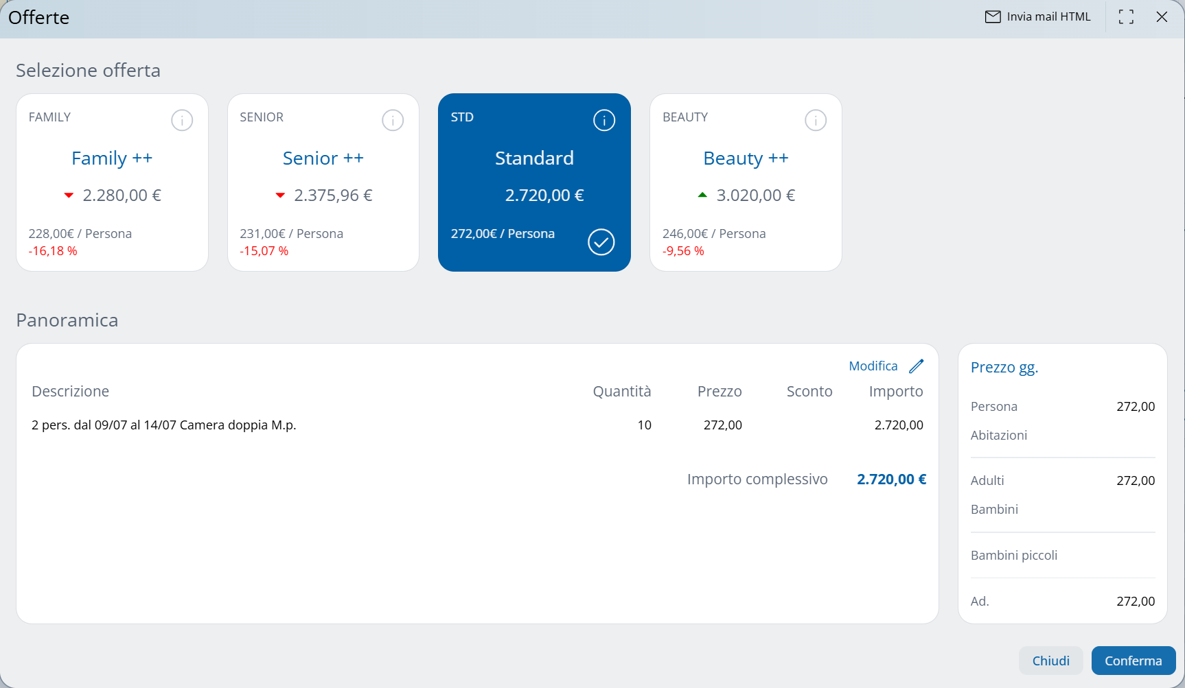 Schermata selezione offerta all'interno della prenotazione