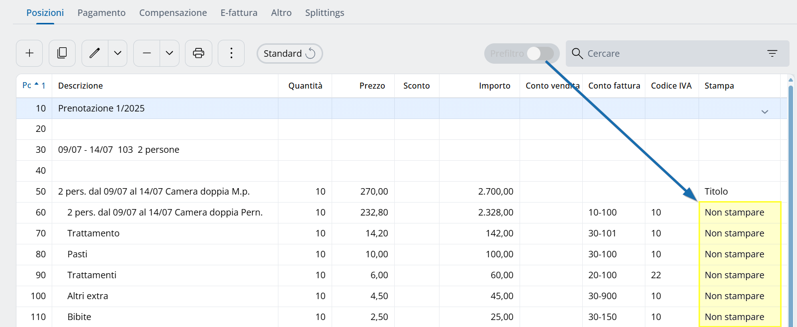 Panoramica nei conti con prefiltro disattivato, compensazioni visibili