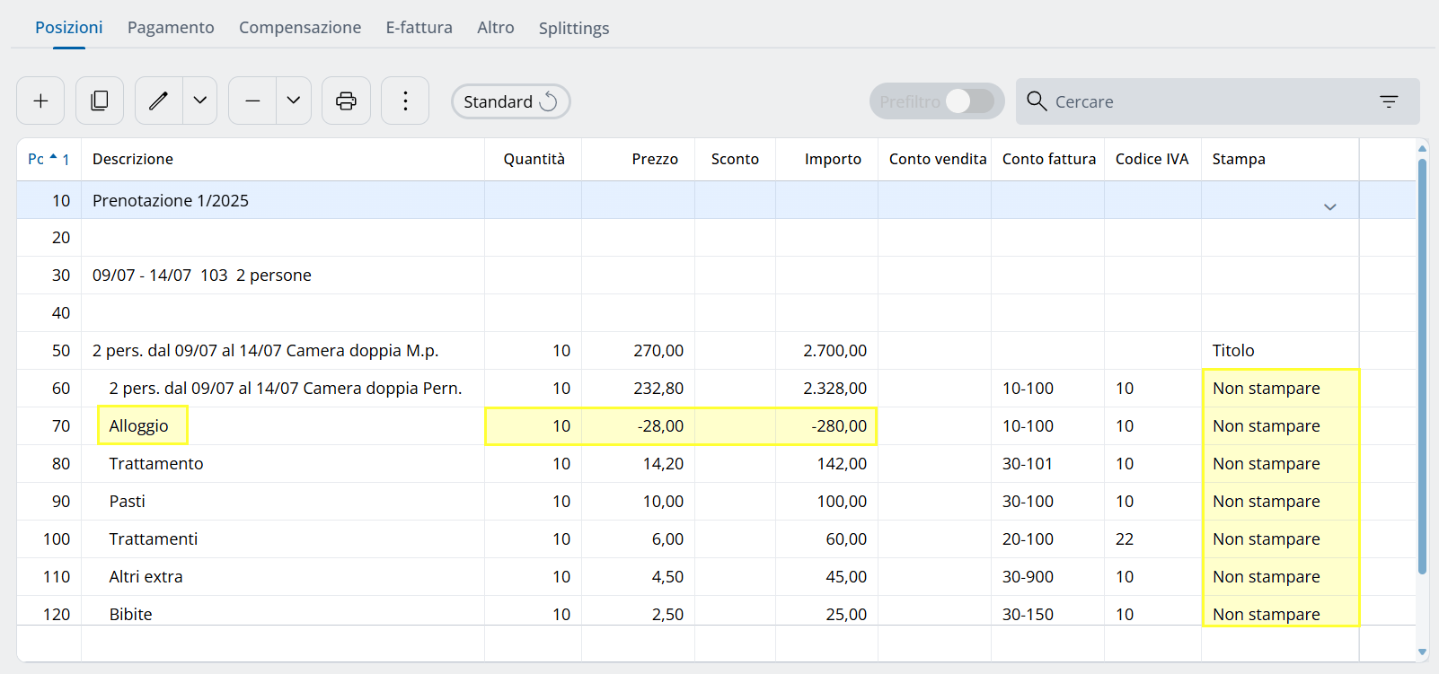 Panoramica nascosta nei conti, prefiltro disattivo