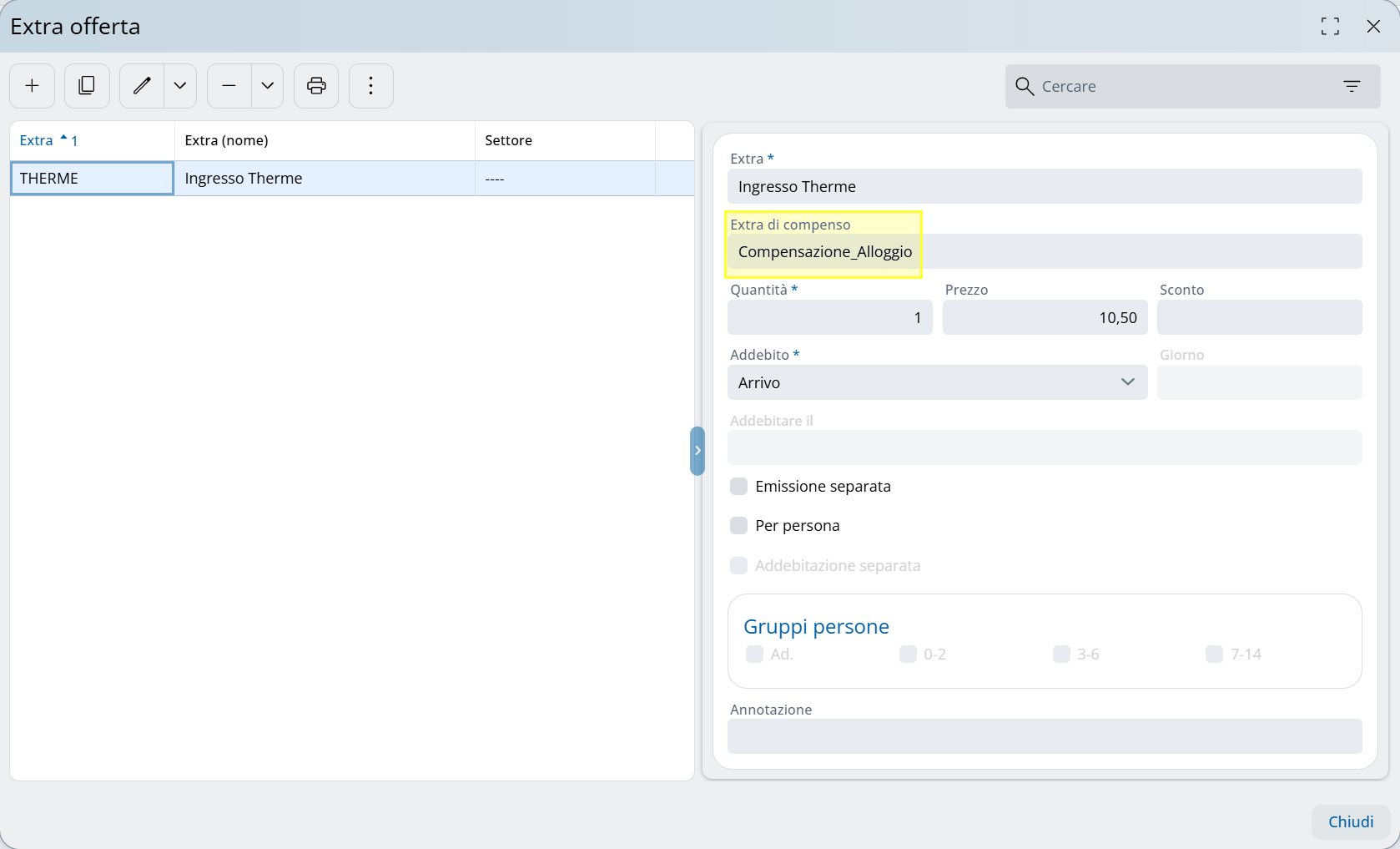 Impostazioni extra offerta