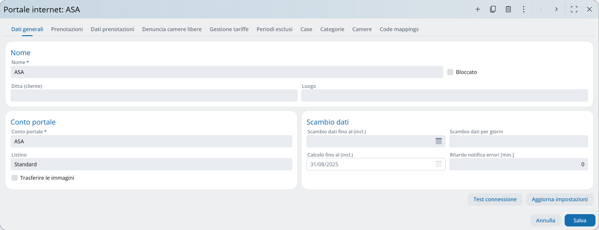 Panoramica delle impostazioni portale internet, tab dati generali
