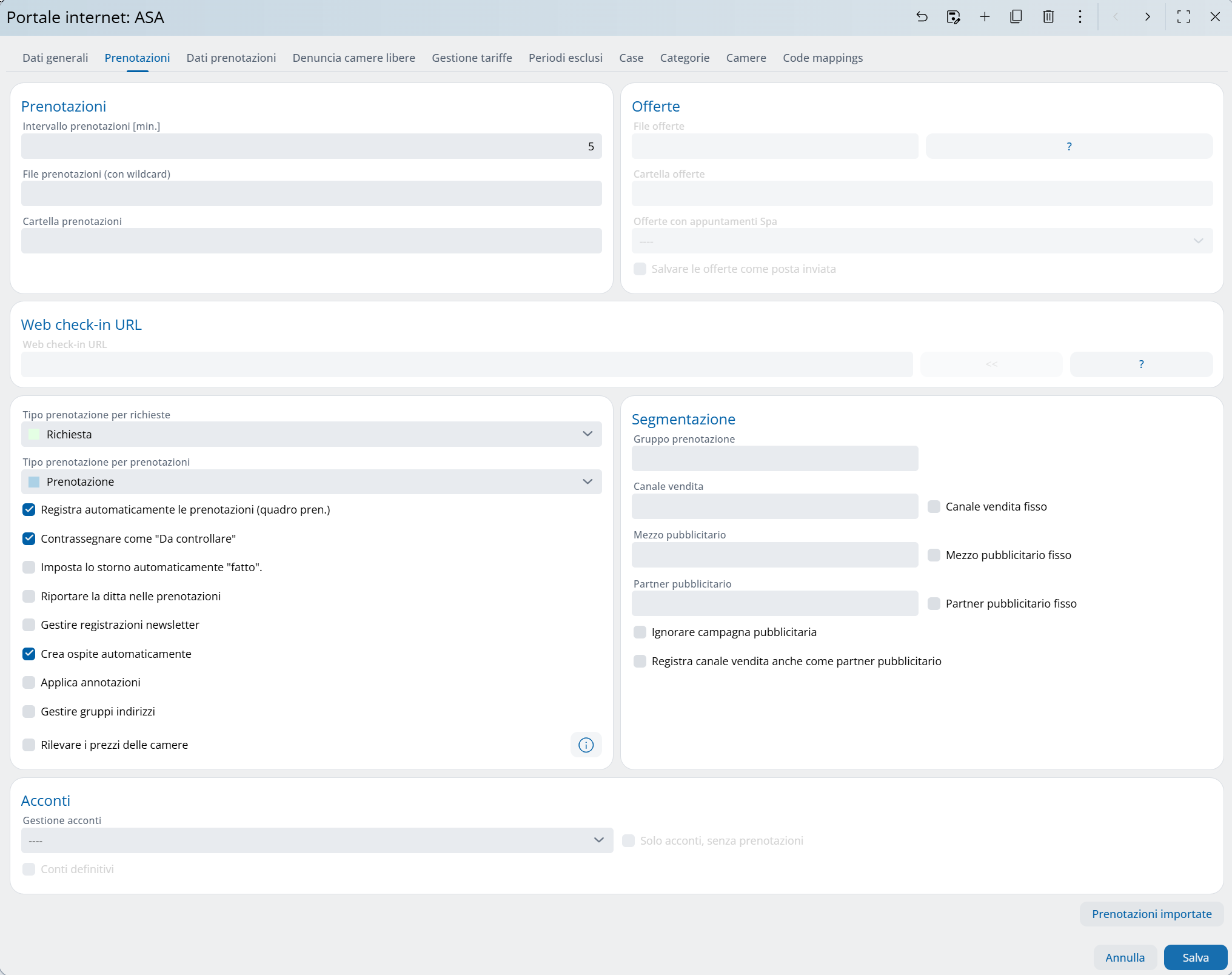 Panoramica delle impostazioni portale internet, tab prenotazioni