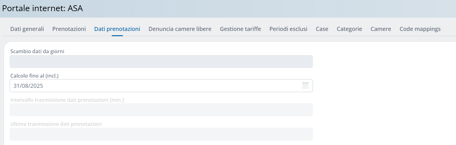 Panoramica delle impostazioni portale internet, tab dati prenotazioni