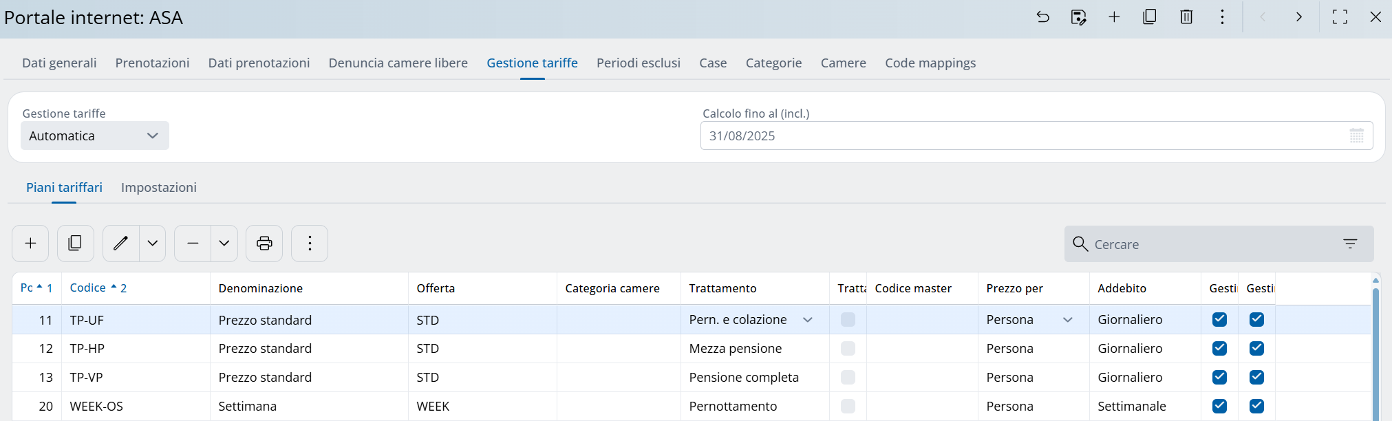 Panoramica delle impostazioni portale internet, tab gestione tariffe