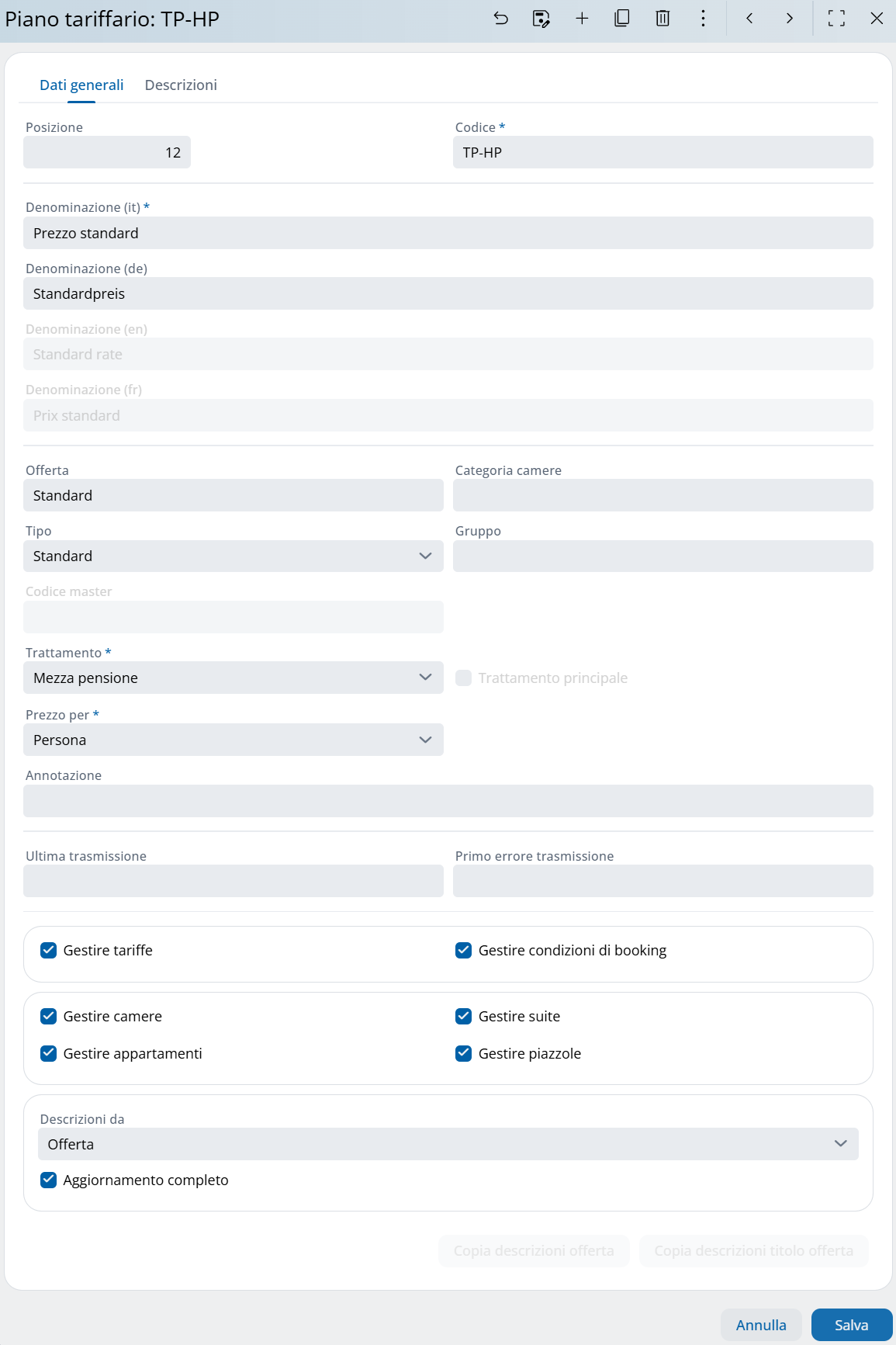 Finestra impostazione per piano tariffario dettagliato