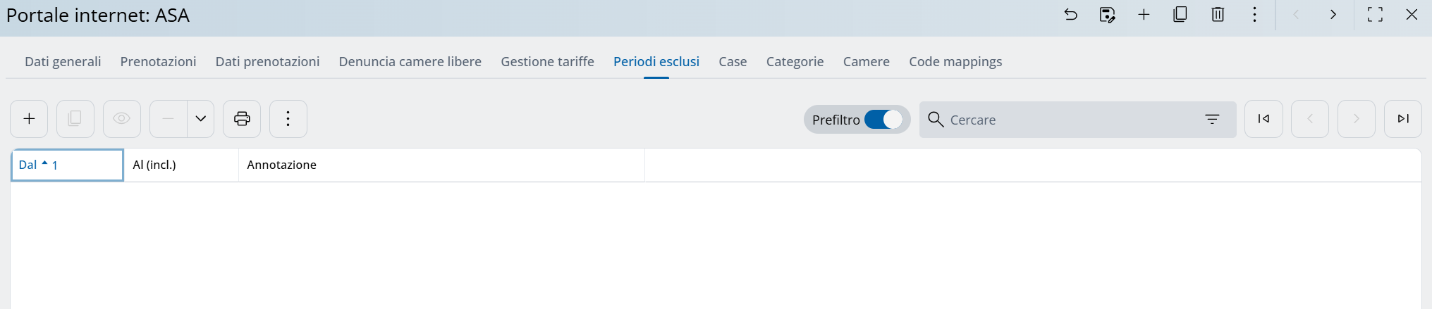Panoramica delle impostazioni portale internet, tab periodi esclusi