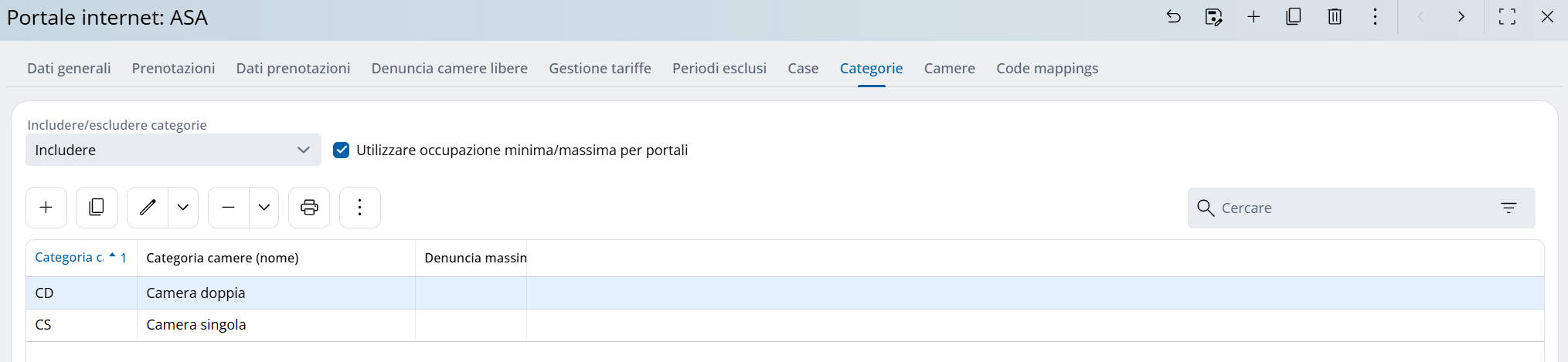 Panoramica delle impostazioni portale internet, tab categorie