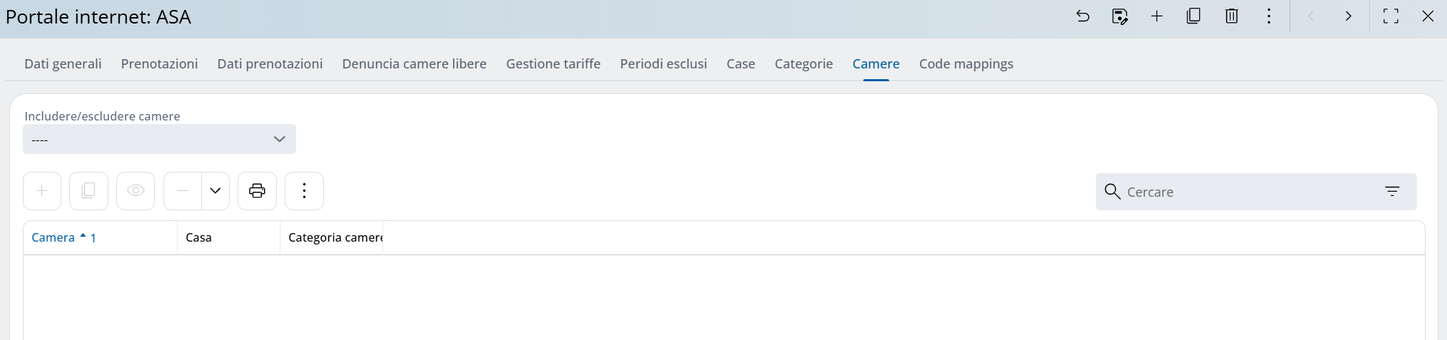 Panoramica delle impostazioni portale internet, tab camere