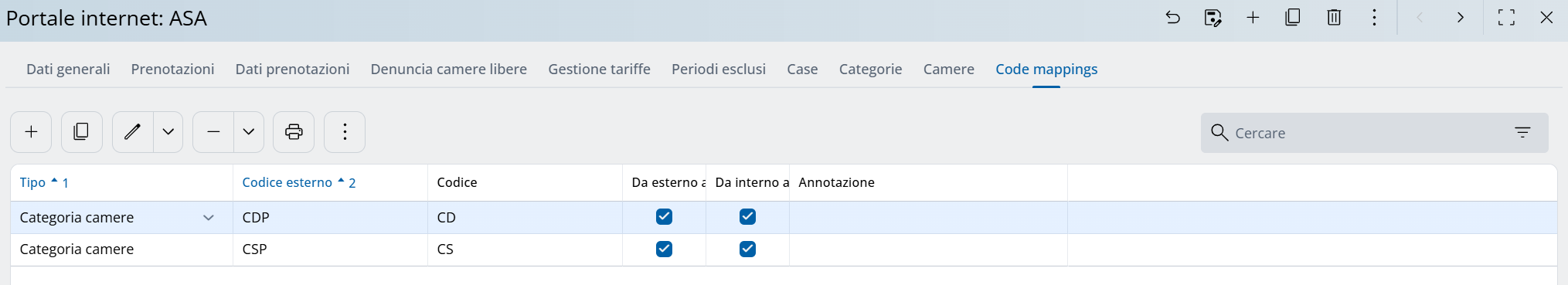 Panoramica delle impostazioni portale internet, tab code mappings