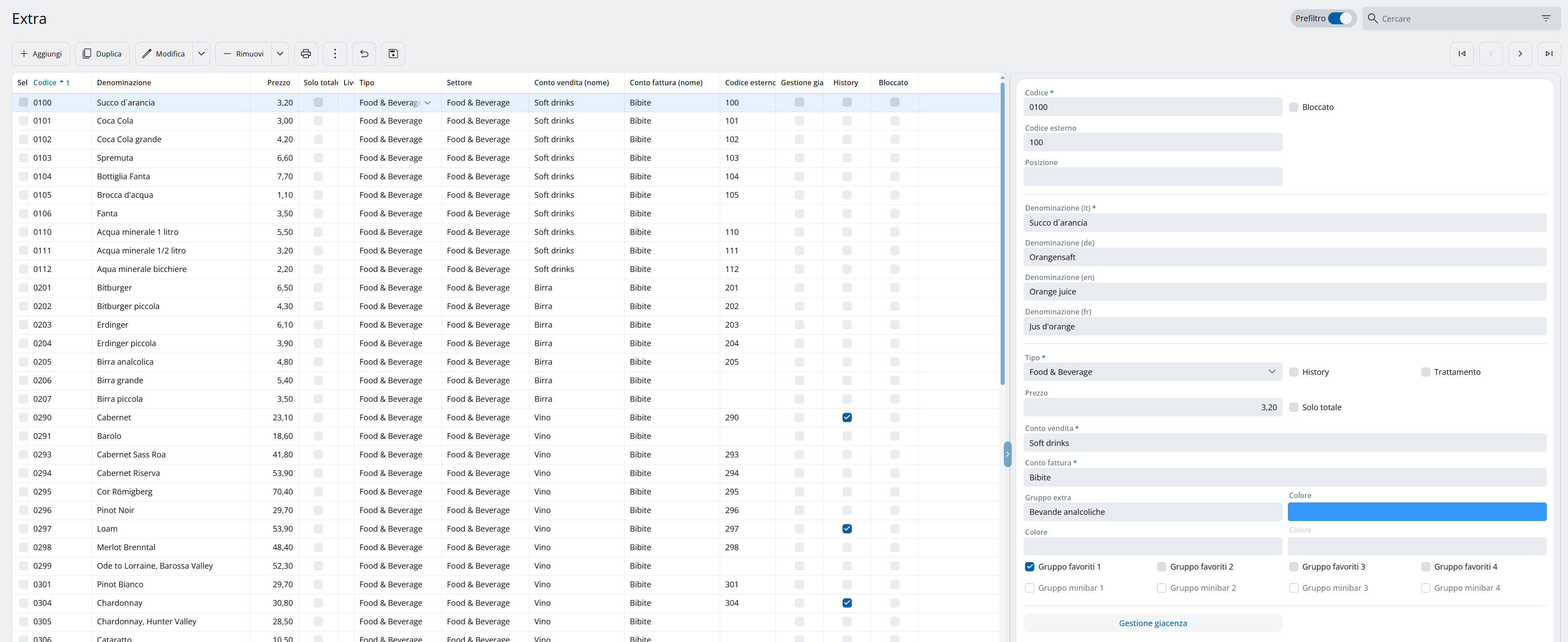 Tabella degli extra in Hotel\Archivi di base\Extra