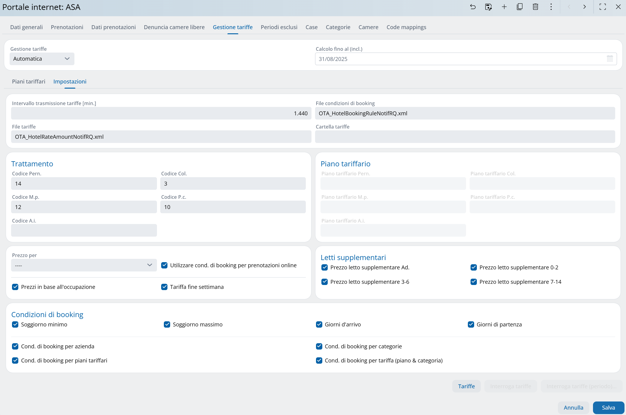 Panoramica portali internet, tab gestione tariffe, impostazioni
