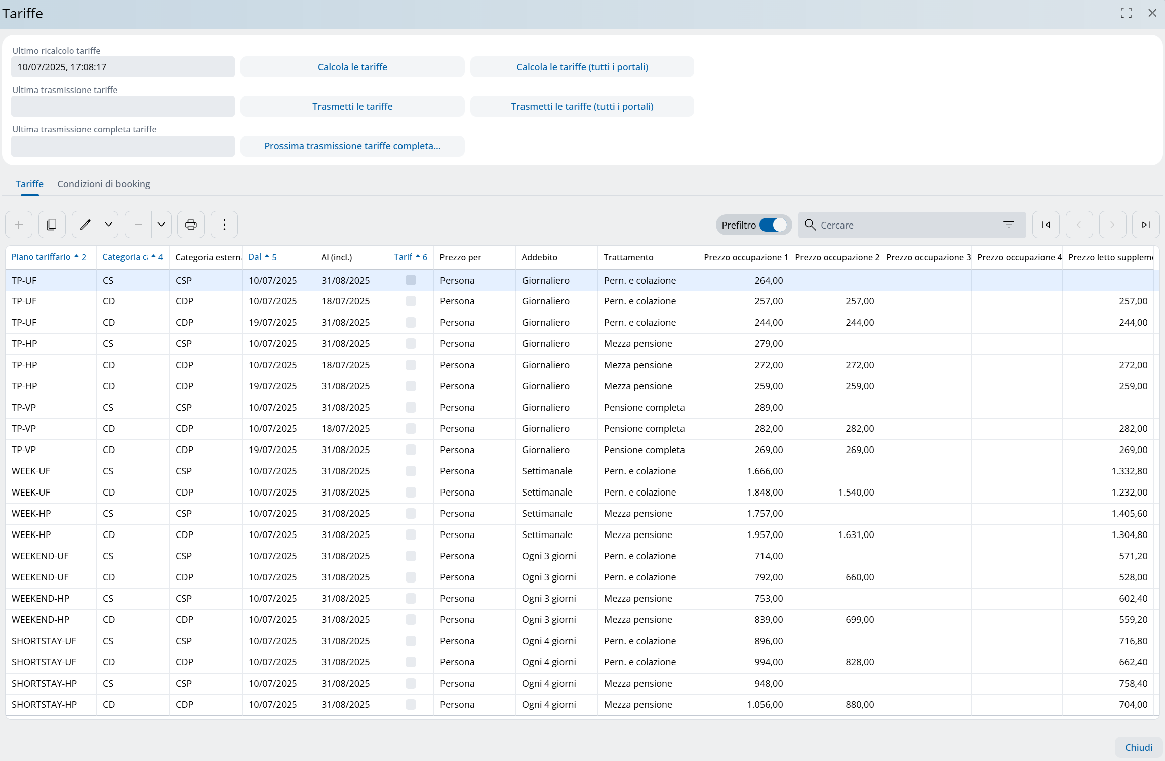 Finestra calcola/trasmetti tariffe