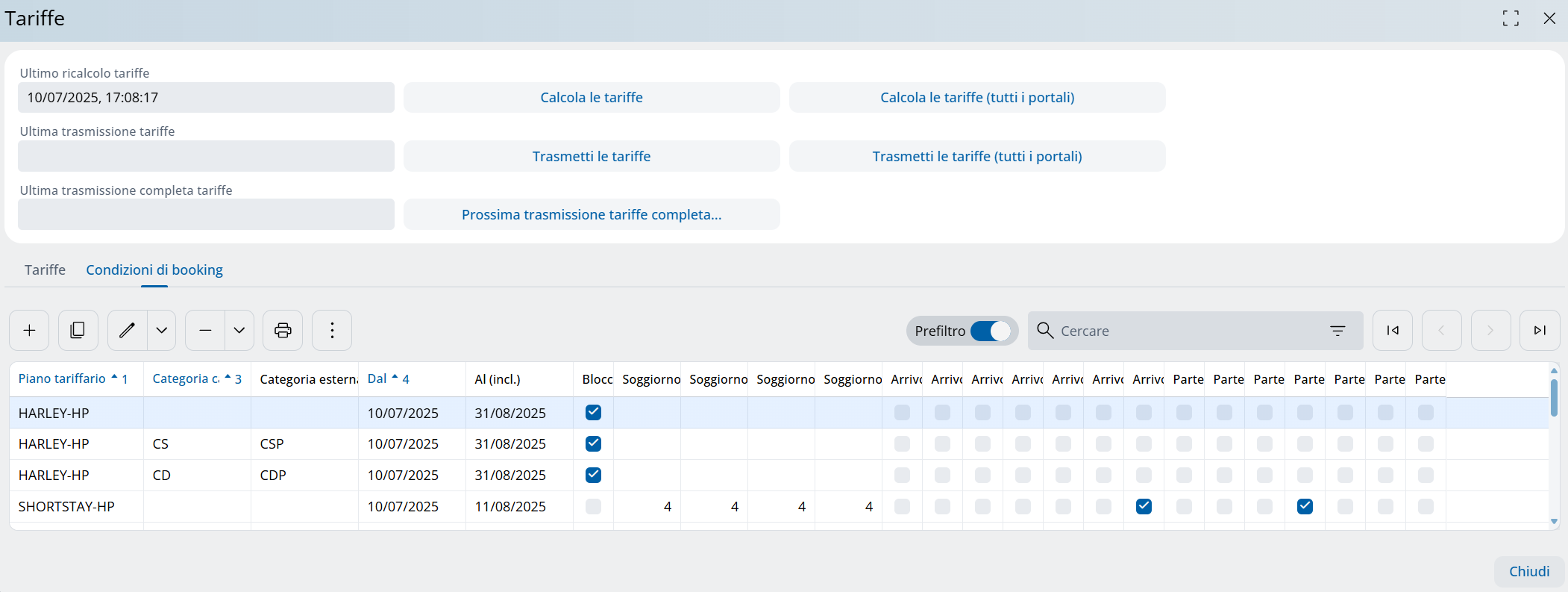 Finestra calcola/trasmetti tariffe, tab condizioni di booking