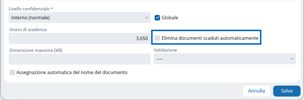 Impostazione Elimina documenti scaduti automaticamente
