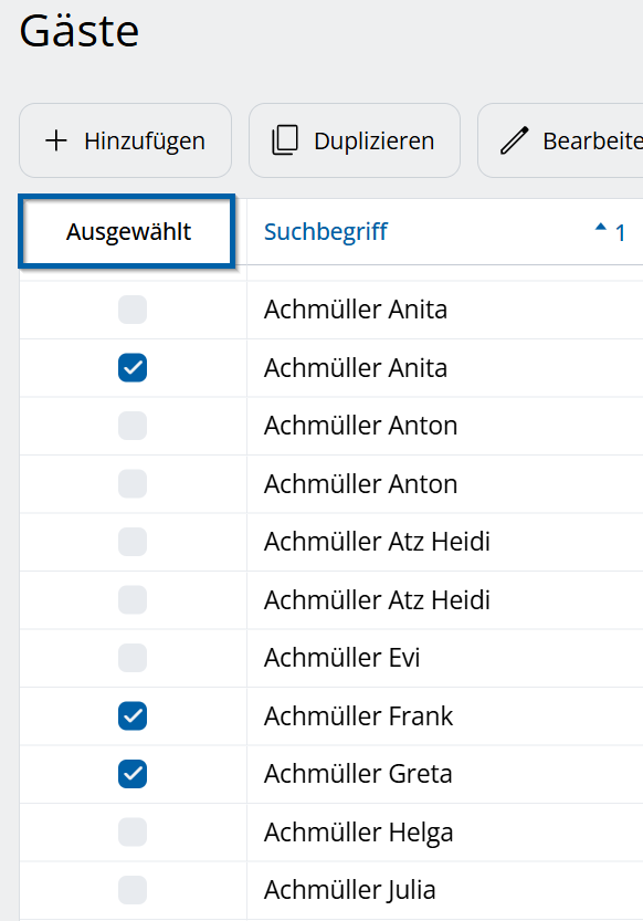 Tabelle mit der Spalte "Ausgewählt"